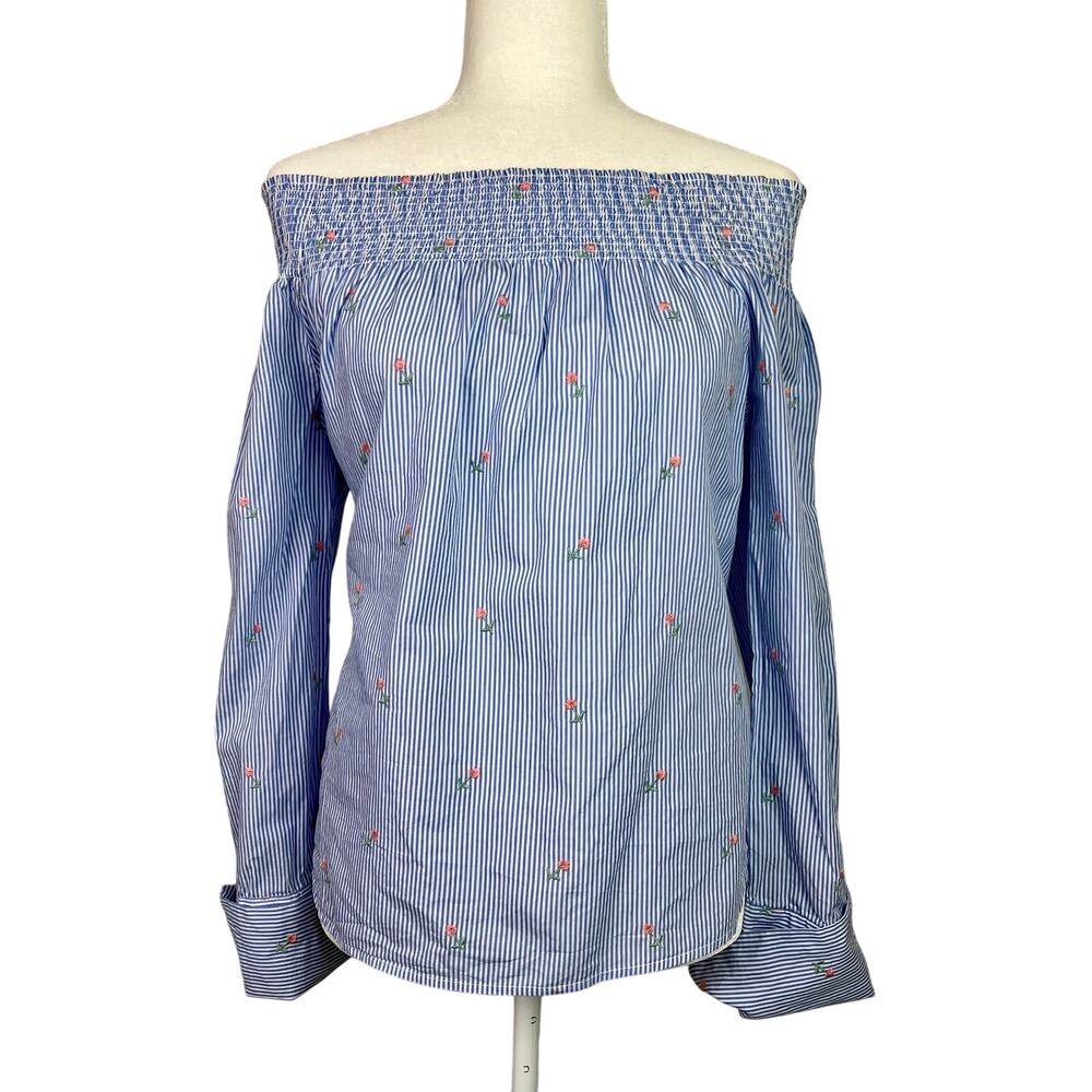 Tommy Hilfiger Women's Medium Blue Stripe Floral Embroidery Off the Shoulder Top